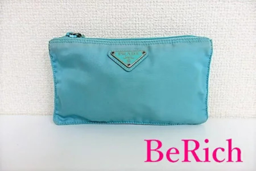 Prada Pouch Clutch Blue Triangle Plate Cosmetics Makeup Accessories
